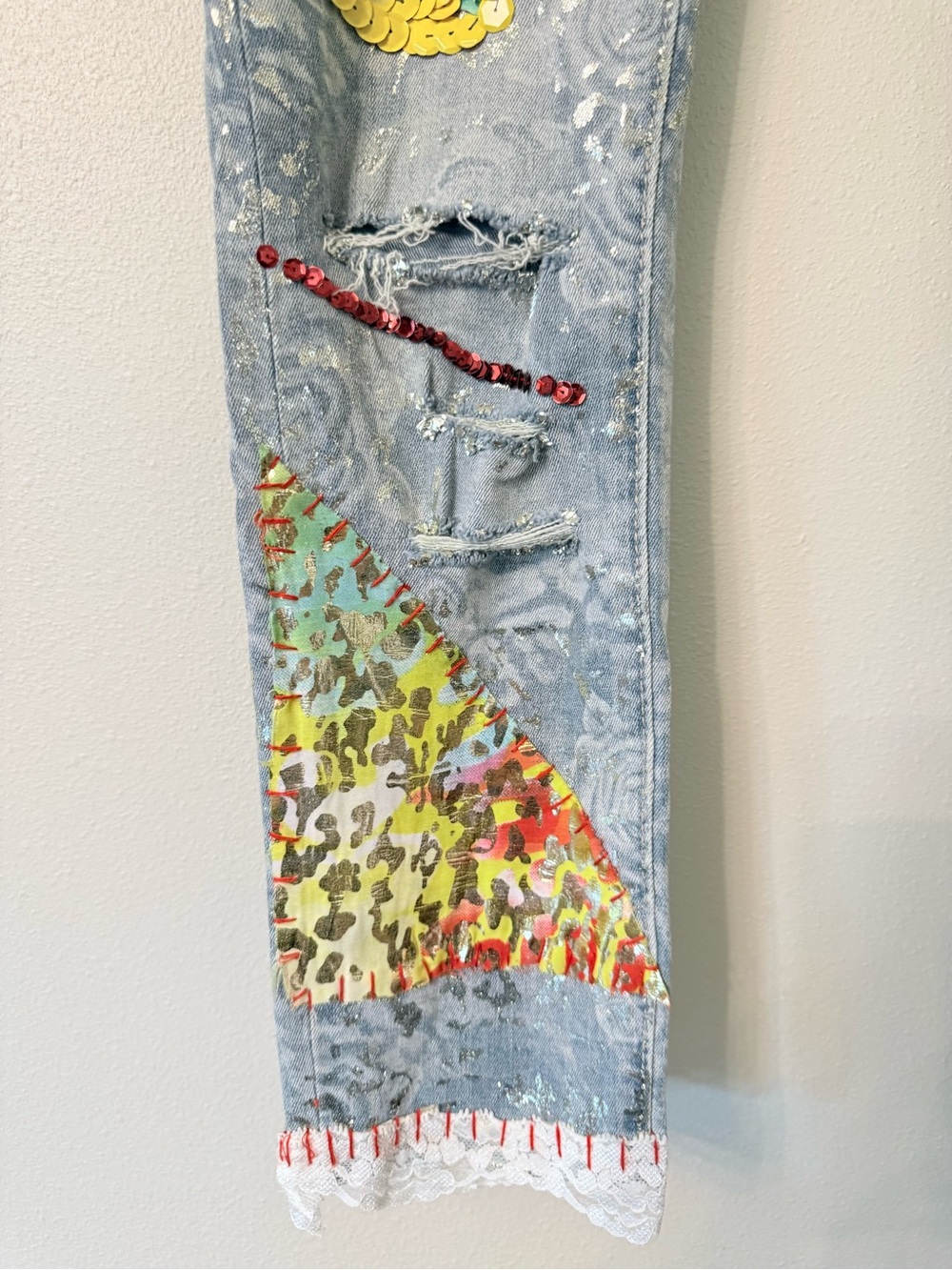 Angela Mele Milano Patchwork Embellished Cropped Jeans XS Italy Lace Sequin - Picture 6 of 10